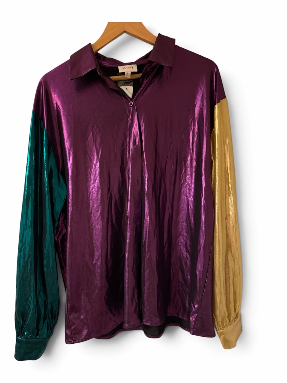 BiBi Metallic Colorblock Button-Down Shirt in Purple, Green & Gold